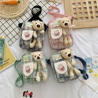 Bear Applique Plaid Canvas Crossbody Bag