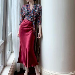 Floral Print Tie-waist / Plain A-line Midi Skirt