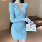 V-neck Knit Mini Sheath Dress Blue - One Size