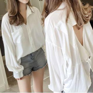 Cutout Back Long-sleeve Plain Blouse