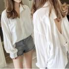 Cutout Back Long-sleeve Plain Blouse