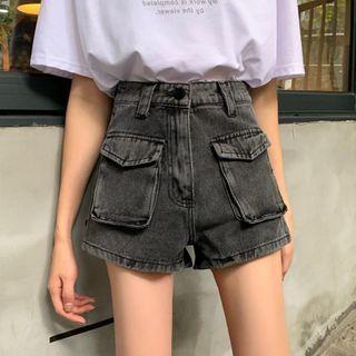 High-waist Flap-pocket Denim Shorts