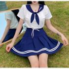 Set: Short-sleeve Tie-neck T-shirt + A-line Skirt Set - Blue & White - One Size
