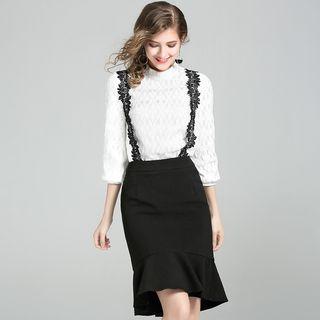 Set: 3/4-sleeve Lace Blouse + Suspender Skirt