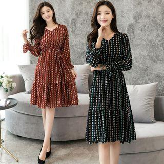 Gathered-waist Long-sleeved Gingham Dress