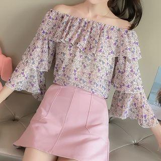 Heart Print Off Shoulder 3/4 Sleeve Blouse