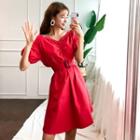 Off-shoulder Puff-sleeve Shirred Dress With Belt