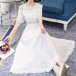 Short-sleeve Cold Shoulder Lace Trim Midi A-line Dress