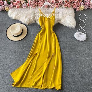 Slit Plain Strappy Maxi Dress