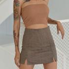 Plaid Slit-front Mini Straight-fit Skirt