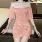Elbow-sleeve Off-shoulder Crinkle Mini Sheath Dress