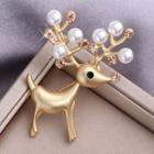 Faux Pearl & Rhinestone Deer Brooch A295 - 1 Pair - Gold & White - One Size