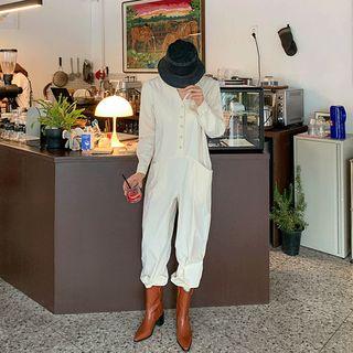 V-neck Button-up Jumpsuit With Sash