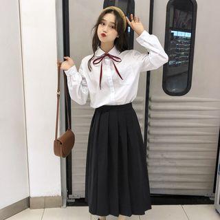 Tie Neck Shirt / Pleated Midi Skirt / Plaid A-line Skirt