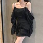 Cold-shoulder Blouse / Fringed Trim Mini A-line Skirt