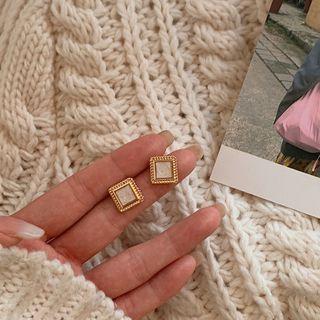 Square Alloy Earring 1 Pair - 925 Silver - Square - Gold & White - One Size