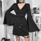 Bell-sleeve Cross Tie-waist Mini Sheath Dress