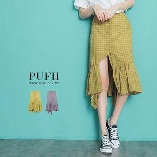 Ruffle Checked Midi Skirt