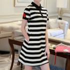 Floral Embroidered Striped Short-sleeve Polo Dress