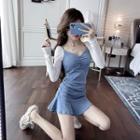 Long-sleeve Two-tone Ruffle Hem Mini Sheath Dress