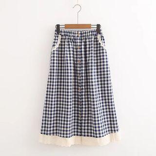 Lace Trim Plaid Midi A-line Skirt Plaid - Blue - One Size
