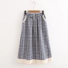 Lace Trim Plaid Midi A-line Skirt Plaid - Blue - One Size