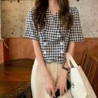 Short-sleeve Check Double-breasted Blouse