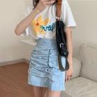 Short-sleeve Floral Print T-shirt / Shirred A-line Denim Skirt