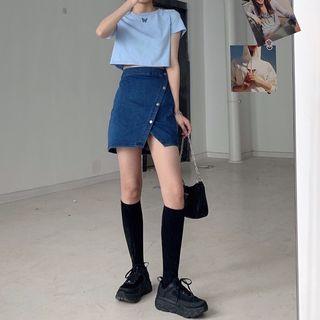 Set: Short-sleeve Cropped T-shirt + Mini Denim Skirt