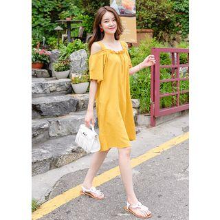Off-shoulder Short-sleeve Frill-trim Shift Dress