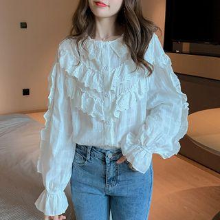 Eyelet Lace Frilled Trim Blouse White - One Size