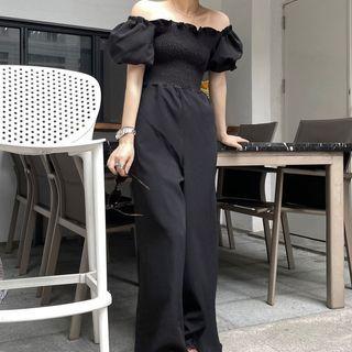 Off-shoulder Smocked Wide Leg Jumpsuit Black - One Size