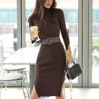 Set: Slit Sheath Knit Dress + Belt