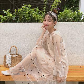 Set : Long-sleeve Mesh Dress + Spaghetti Strap Dress