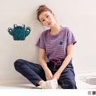 Cat Embroidered Short-sleeve Striped T-shirt