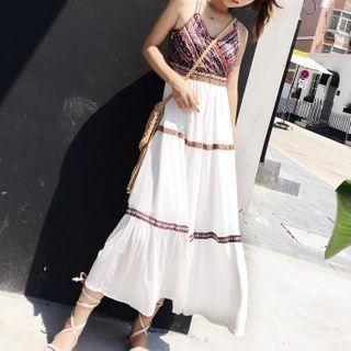 Spaghetti Strap Tiered Patterned A-line Midi Chiffon Dress