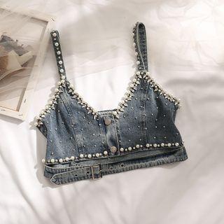 Embellished Denim Cropped Camisole Top Denim Blue - One Size