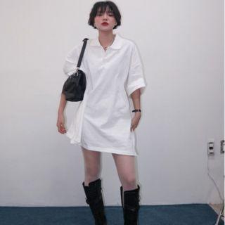 Elbow-sleeve Mini A-line Shirt Dress White - One Size