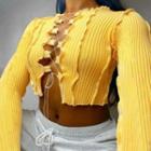 Long Sleeve Tie-front Cut-out Knit Cropped Top
