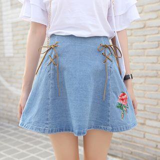 Lace-up Embroidered Denim Skirt