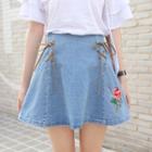 Lace-up Embroidered Denim Skirt