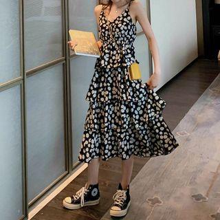 Spaghetti Strap Floral Print Tiered Midi Dress