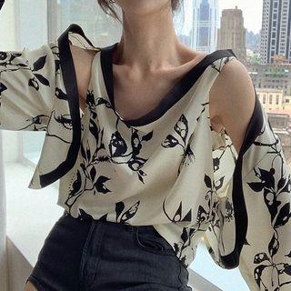 Set: Floral Camisole Top + Light Jacket Set Of 2 - Camisole Top & Jacket - Black Floral - White - One Size