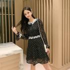 Dotted Lace Contrast Trim Long-sleeve A-line Dress