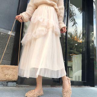 Frill-trim Midi A-line Mesh Skirt