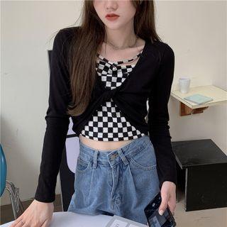 Mock Two-piece Long-sleeve Checkerboard Top