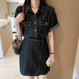 Set: Short-sleeve Denim Shirt + Mini Pencil Skirt