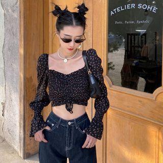 Flower Print Drawstring Cropped Blouse