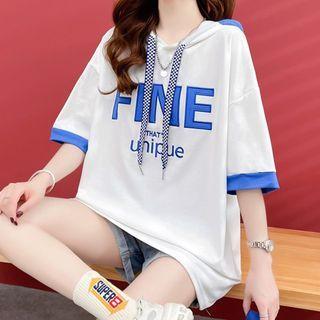 Elbow-sleeve Hooded Letter Embroidered T-shirt