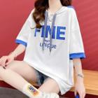 Elbow-sleeve Hooded Letter Embroidered T-shirt
